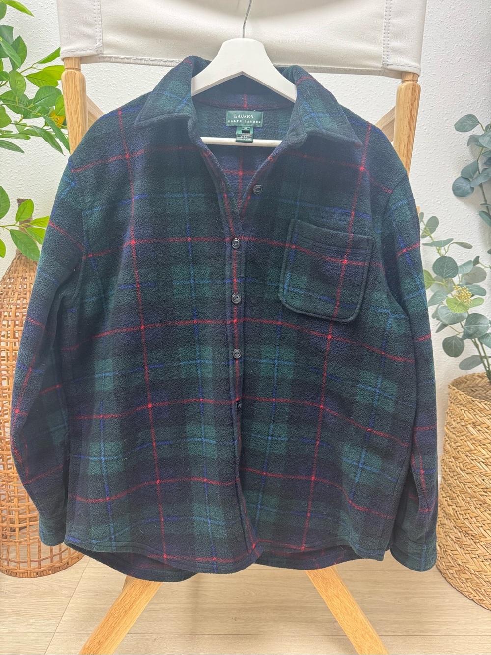Vintage Lauren Ralph Lauren Plaid Fleece Shirt Jacket M Green Navy Tartan